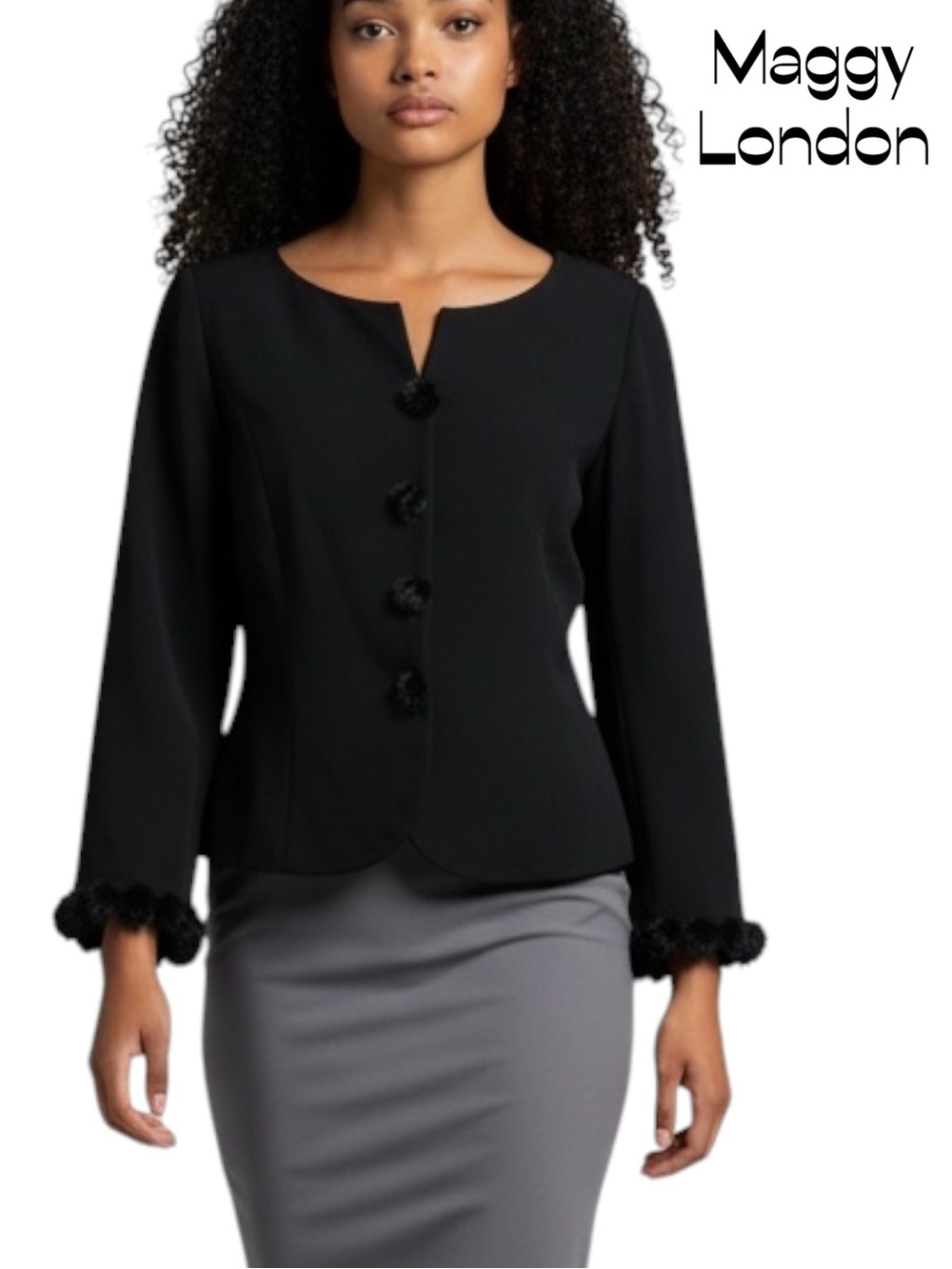 Maggy London Black Faux-Fur PomPom Trim Jacket NWOT MobWife Glam Size 10